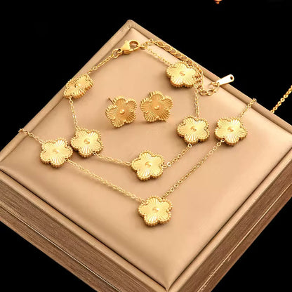 Clover Leaf - Black Reversible Leaf Clover Necklace Bracelets Earrings Set For Women Fashion Jewelry