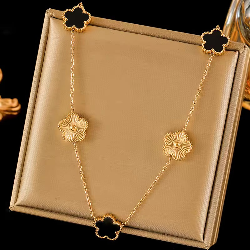Clover Leaf - Black Reversible Leaf Clover Necklace Bracelets Earrings Set For Women Fashion Jewelry