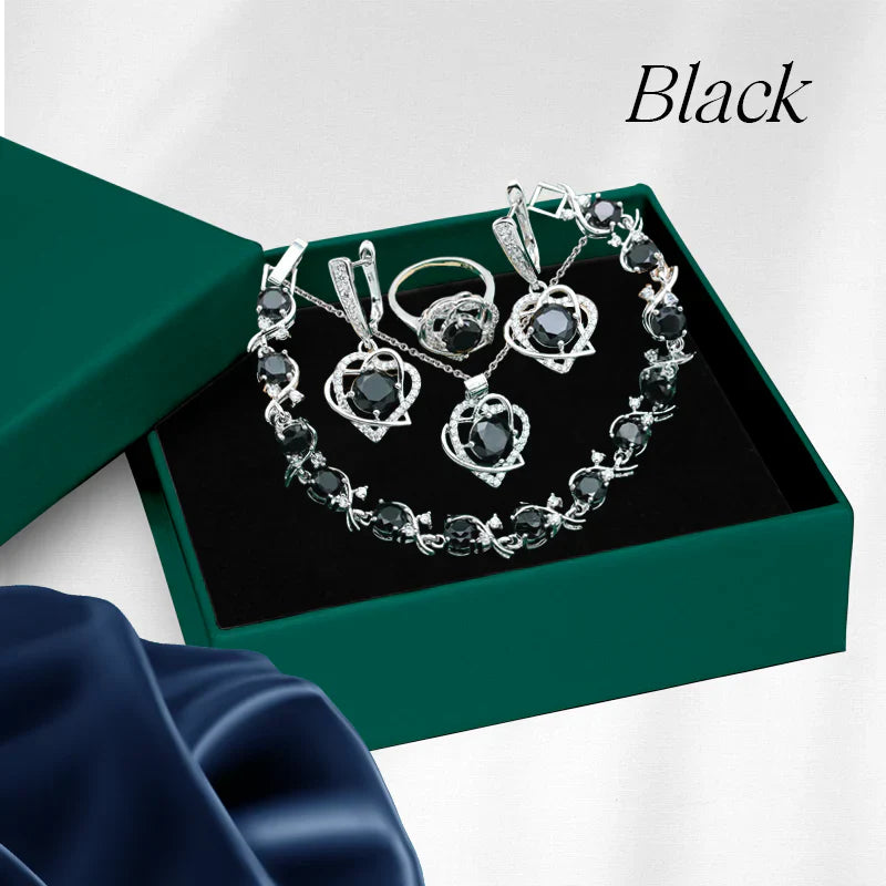 Royal Heart-Shaped Silver Hand - Crafted Gemstone Pendant Earring Bracelet & Ring Set For Women