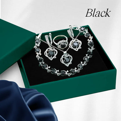 Royal Heart-Shaped Silver Hand - Crafted Gemstone Pendant Earring Bracelet & Ring Set For Women