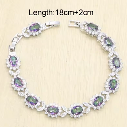 Rainbow Zircon Water-Drop - 925 Sterling Silver Water-Drop Rainbow Zircon Bridal Jewelry Set: Bracelet, Earrings, Necklace, Pendant & Ring
