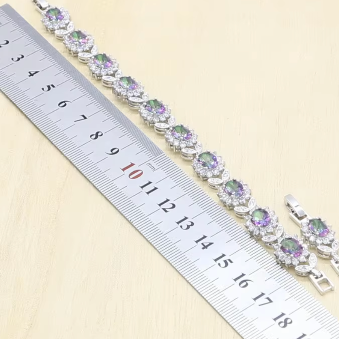 Rainbow Zircon Water-Drop - 925 Sterling Silver Water-Drop Rainbow Zircon Bridal Jewelry Set: Bracelet, Earrings, Necklace, Pendant & Ring