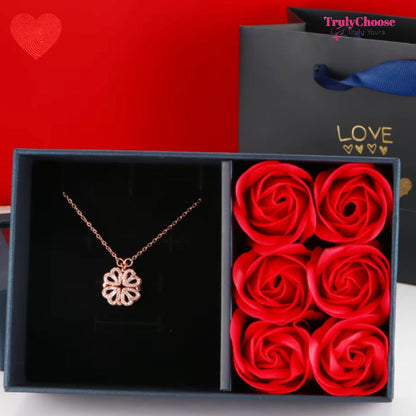Rose Diamond Leaf Clover Heart Necklaces + Rose Gift Box