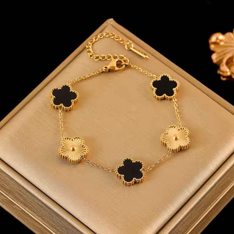 Clover Leaf - Black Reversible Leaf Clover Necklace Bracelets Earrings Set For Women Fashion Jewelry