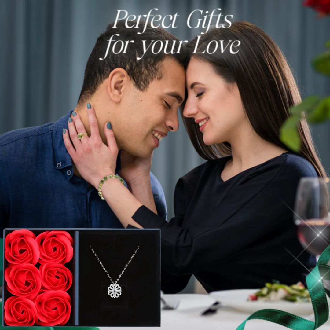 Rose Diamond Leaf Clover Heart Necklaces + Rose Gift Box
