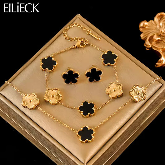 Clover Leaf - Black Reversible Leaf Clover Necklace Bracelets Earrings Set For Women Fashion Jewelry