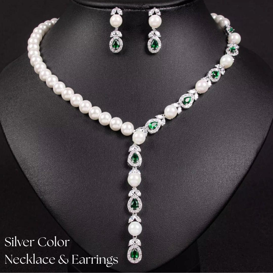 Luxeora Luxury Jewelry Set - Elegant Pearl Studded Zircon Bracelet Necklace Earrings & Ring Set