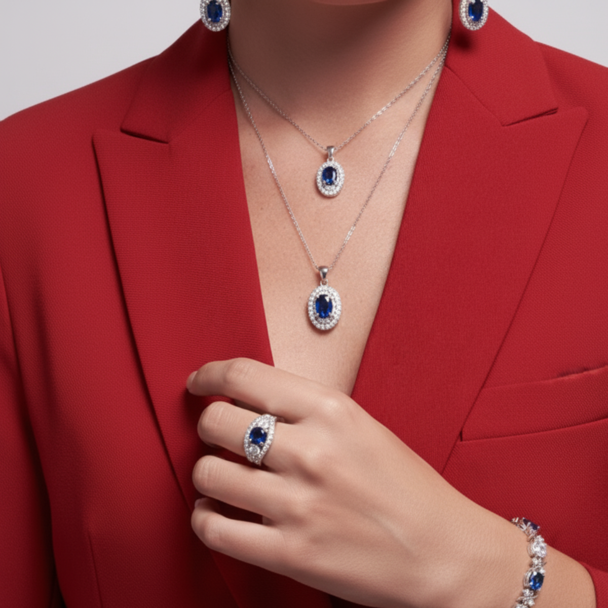 LapisBloom - 925 Sterling Silver Bridal Jewelry Set — Blue Zircon Necklace, Earrings, Bracelet & Ring