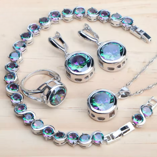 CelestiaZir | Sterling Silver Rainbow Zircon Earrings Ring Bracelets Pendant Bridal Set