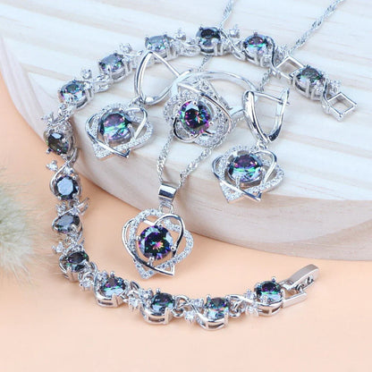 Royal Heart-Shaped Silver Hand - Crafted Gemstone Pendant Earring Bracelet & Ring Set For Women