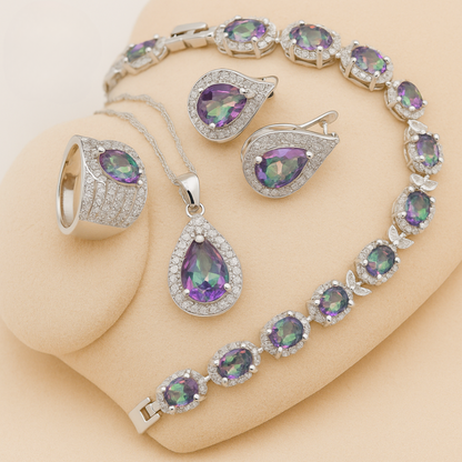 Rainbow Zircon Water-Drop - 925 Sterling Silver Water-Drop Rainbow Zircon Bridal Jewelry Set: Bracelet, Earrings, Necklace, Pendant & Ring