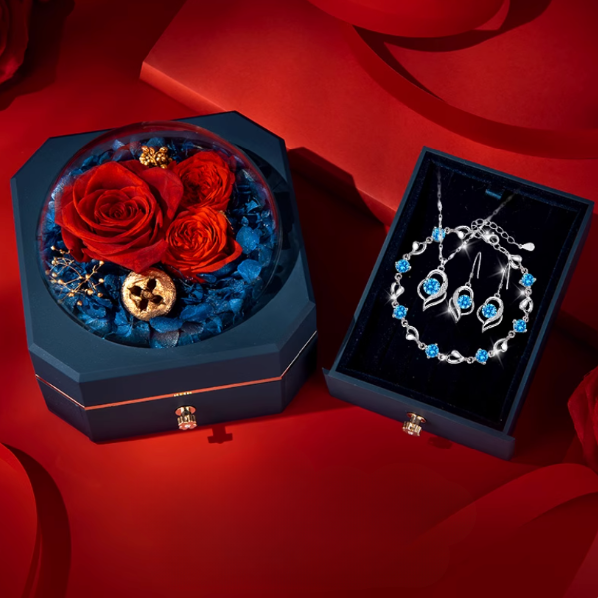 Bloom of Love Jewelry Box -  Necklace, bracelet, earrings in Rose Gift Box - Sterling silver 3pcs Jewelry set - Valentine gift,