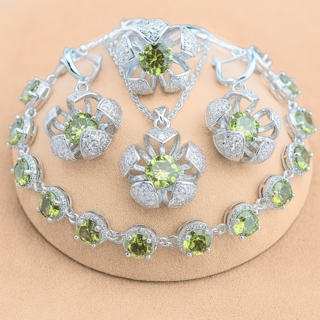 Floral Cage Radiance - Sterling Silver Zircon Bridal Jewelry Set – Necklace, Earrings, Pendant, Ring & Bracelet