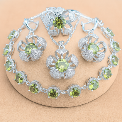 Floral Cage Radiance - Sterling Silver Zircon Bridal Jewelry Set – Necklace, Earrings, Pendant, Ring & Bracelet