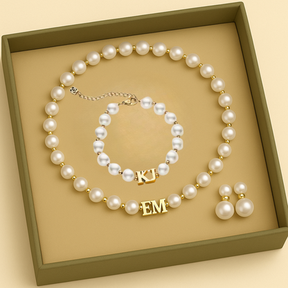 Personalized Pearl Jewelry Set – Custom Name Necklace & Bracelet, Elegant Gift for Women