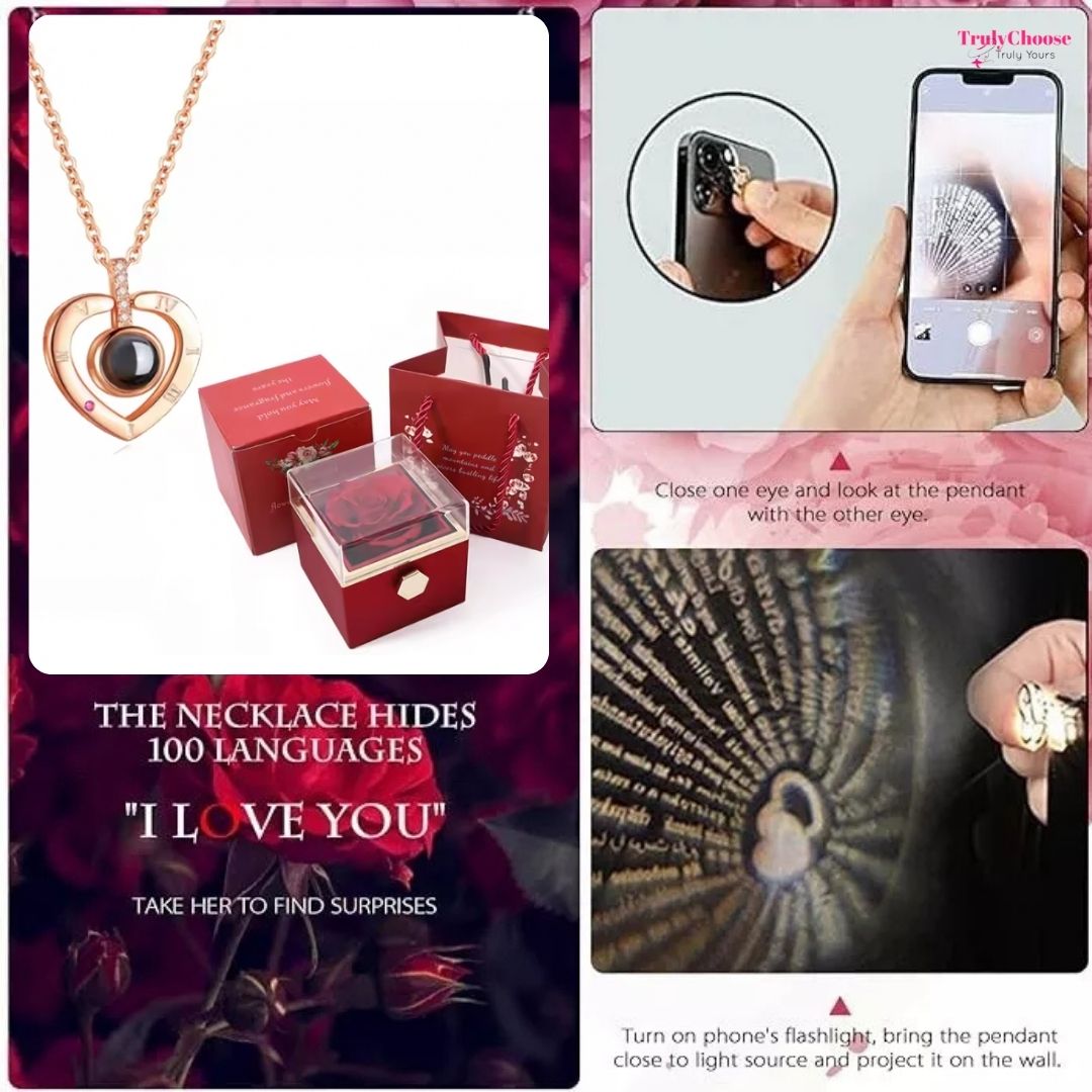100 Languages I Love You Projection Necklace With Rotating Rose