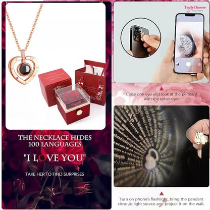 100 Languages I Love You Projection Necklace With Rotating Rose