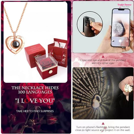 100 Languages I Love You Projection Necklace With Rotating Rose