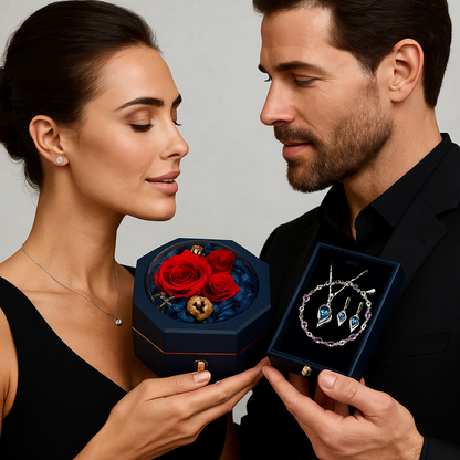 Bloom of Love Jewelry Box -  Necklace, bracelet, earrings in Rose Gift Box - Sterling silver 3pcs Jewelry set - Valentine gift,