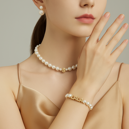 Personalized Pearl Jewelry Set – Custom Name Necklace & Bracelet, Elegant Gift for Women