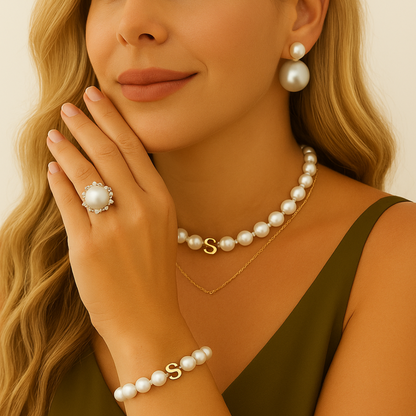 Personalized Pearl Jewelry Set – Custom Name Necklace & Bracelet, Elegant Gift for Women