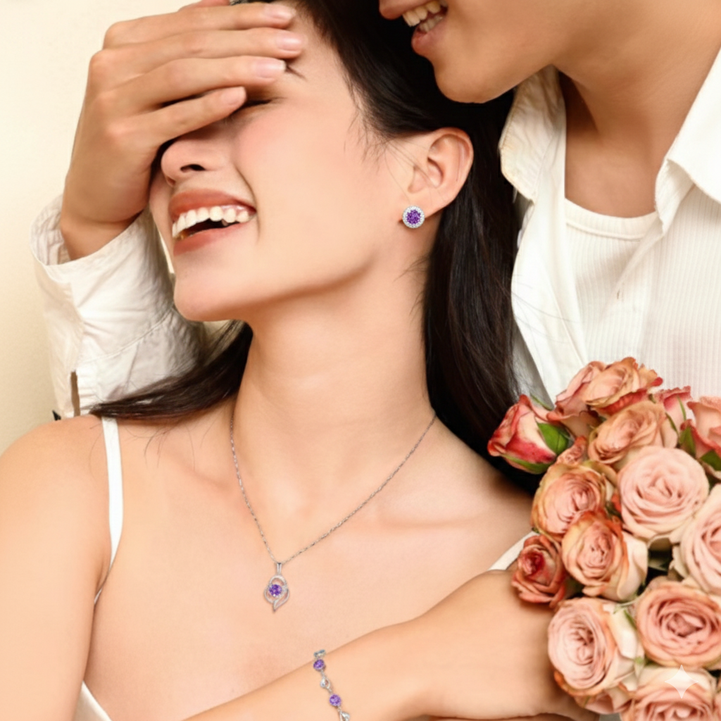 Bloom of Love Jewelry Box -  Necklace, bracelet, earrings in Rose Gift Box - Sterling silver 3pcs Jewelry set - Valentine gift,