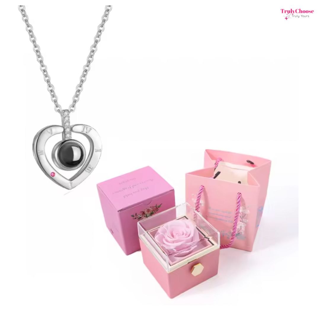 100 Languages I Love You Projection Necklace With Rotating Rose