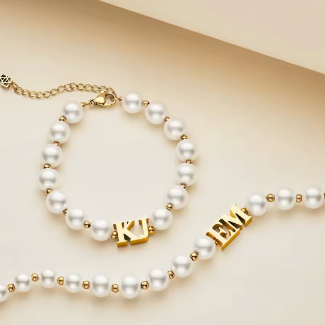 Personalized Pearl Jewelry Set – Custom Name Necklace & Bracelet, Elegant Gift for Women