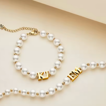 Personalized Pearl Jewelry Set – Custom Name Necklace & Bracelet, Elegant Gift for Women