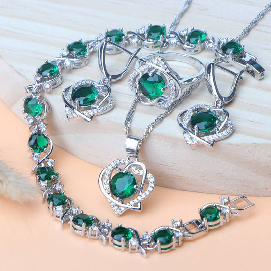 Royal Heart-Shaped Silver Hand - Crafted Gemstone Pendant Earring Bracelet & Ring Set For Women