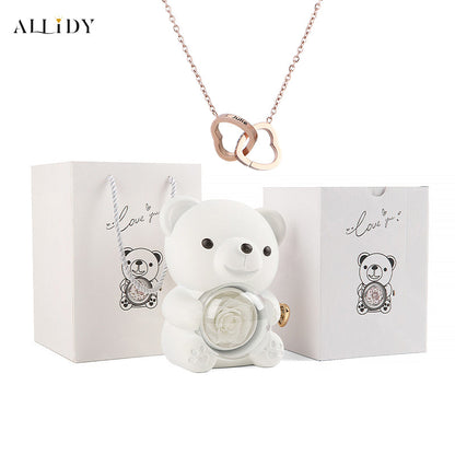 Truly Preserved Eternal Rose Bear Box & Customized Necklace for Mom, Wife, Girlfriend and Grandma on ValentinesDay, Mothers Day