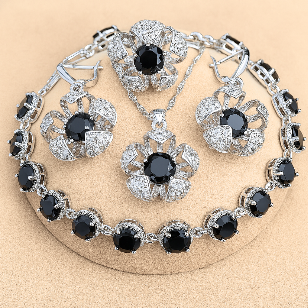 Floral Cage Radiance - Sterling Silver Zircon Bridal Jewelry Set – Necklace, Earrings, Pendant, Ring & Bracelet
