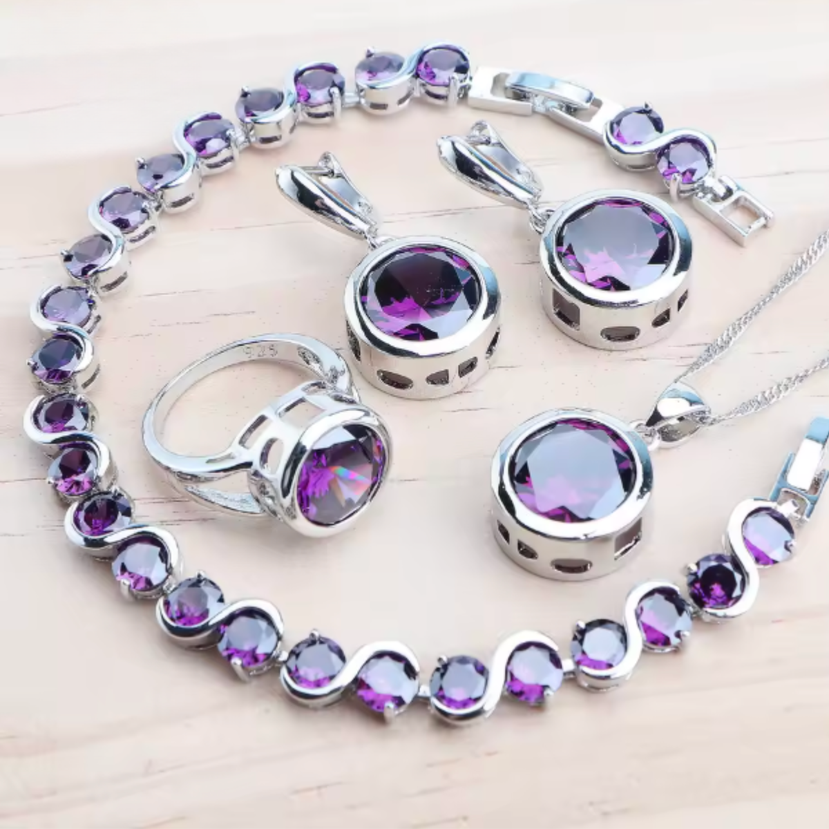 CelestiaZir | Sterling Silver Rainbow Zircon Earrings Ring Bracelets Pendant Bridal Set