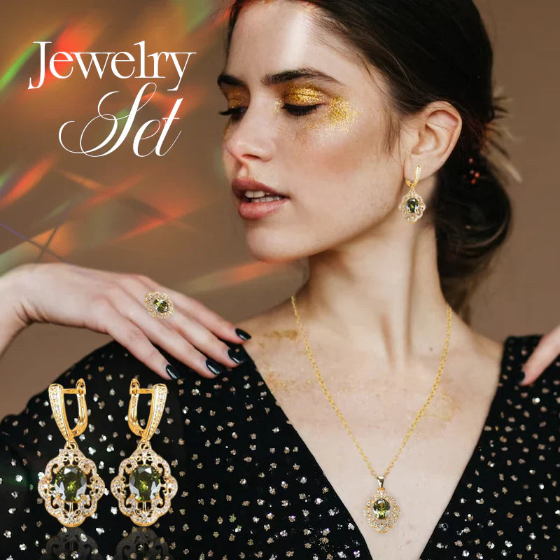 Truly Aurora 18K Gold Gemstone Pendant Earring Bracelet & Ring Set For Women