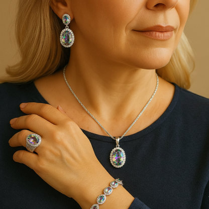 LapisBloom - 925 Sterling Silver Bridal Jewelry Set — Blue Zircon Necklace, Earrings, Bracelet & Ring