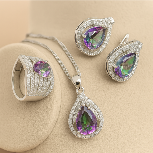 Rainbow Zircon Water-Drop - 925 Sterling Silver Water-Drop Rainbow Zircon Bridal Jewelry Set: Bracelet, Earrings, Necklace, Pendant & Ring