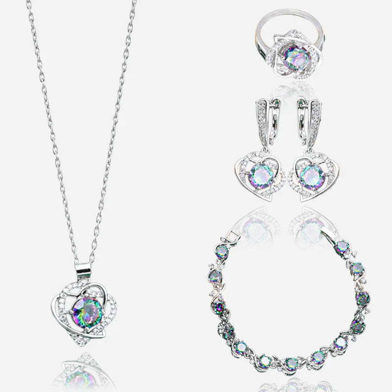 Royal Heart-Shaped Silver Hand - Crafted Gemstone Pendant Earring Bracelet & Ring Set For Women