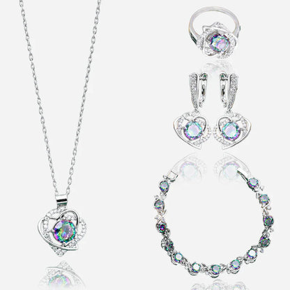 Royal Heart-Shaped Silver Hand - Crafted Gemstone Pendant Earring Bracelet & Ring Set For Women