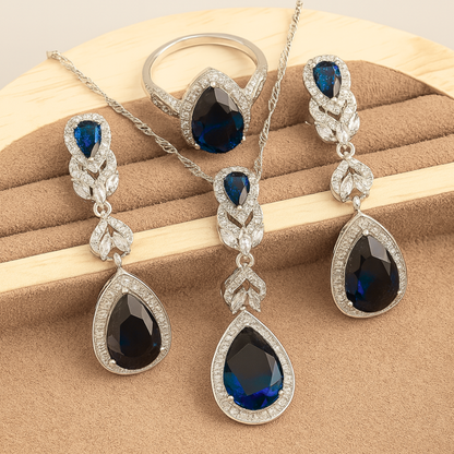 Aqua Radiance Zircon Set - 925 Sterling Silver Water-Drop Zircon Jewelry Set for Women: Blue & White Bracelet, Earrings, Necklace, Pendant & Ring