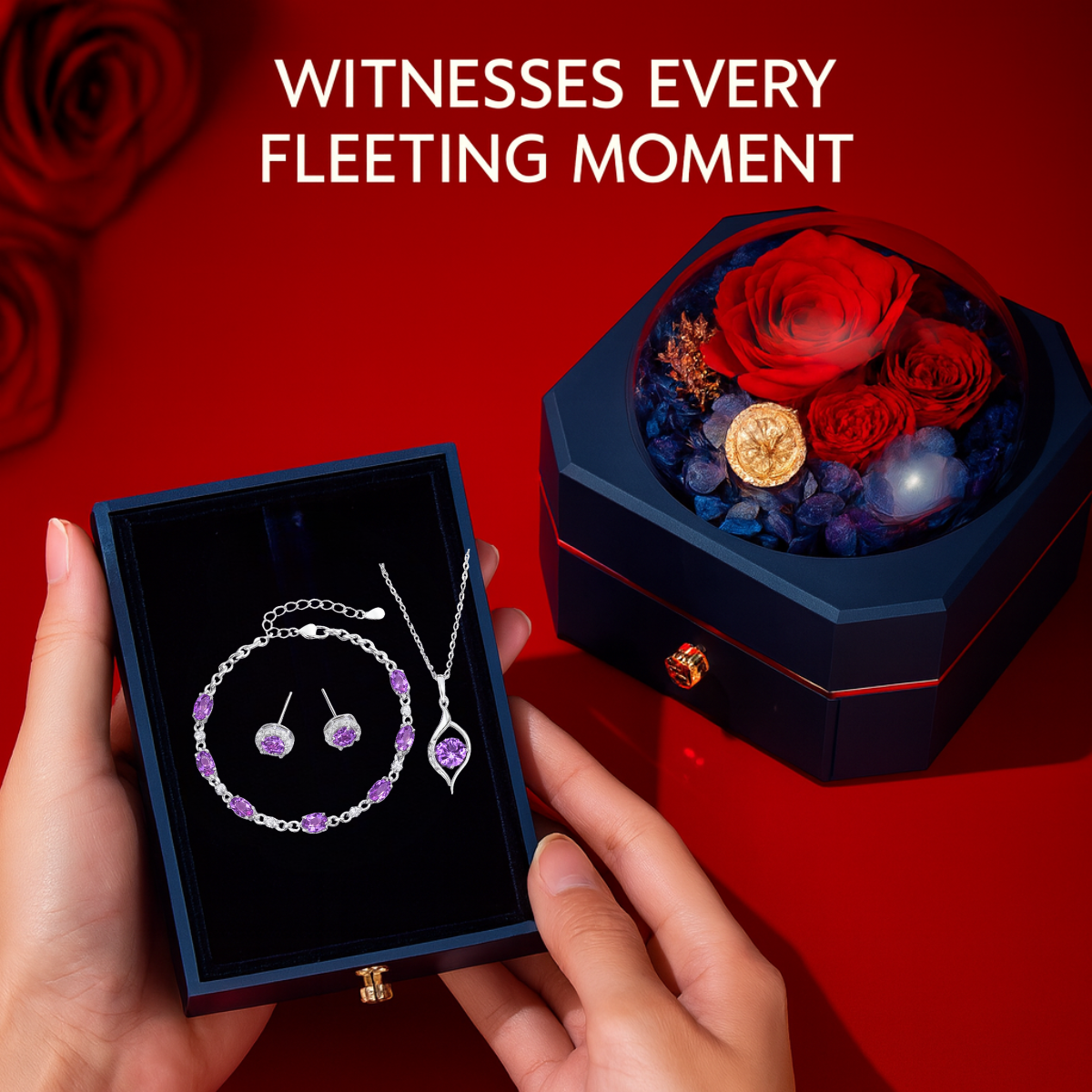 Bloom of Love Jewelry Box -  Necklace, bracelet, earrings in Rose Gift Box - Sterling silver 3pcs Jewelry set - Valentine gift,