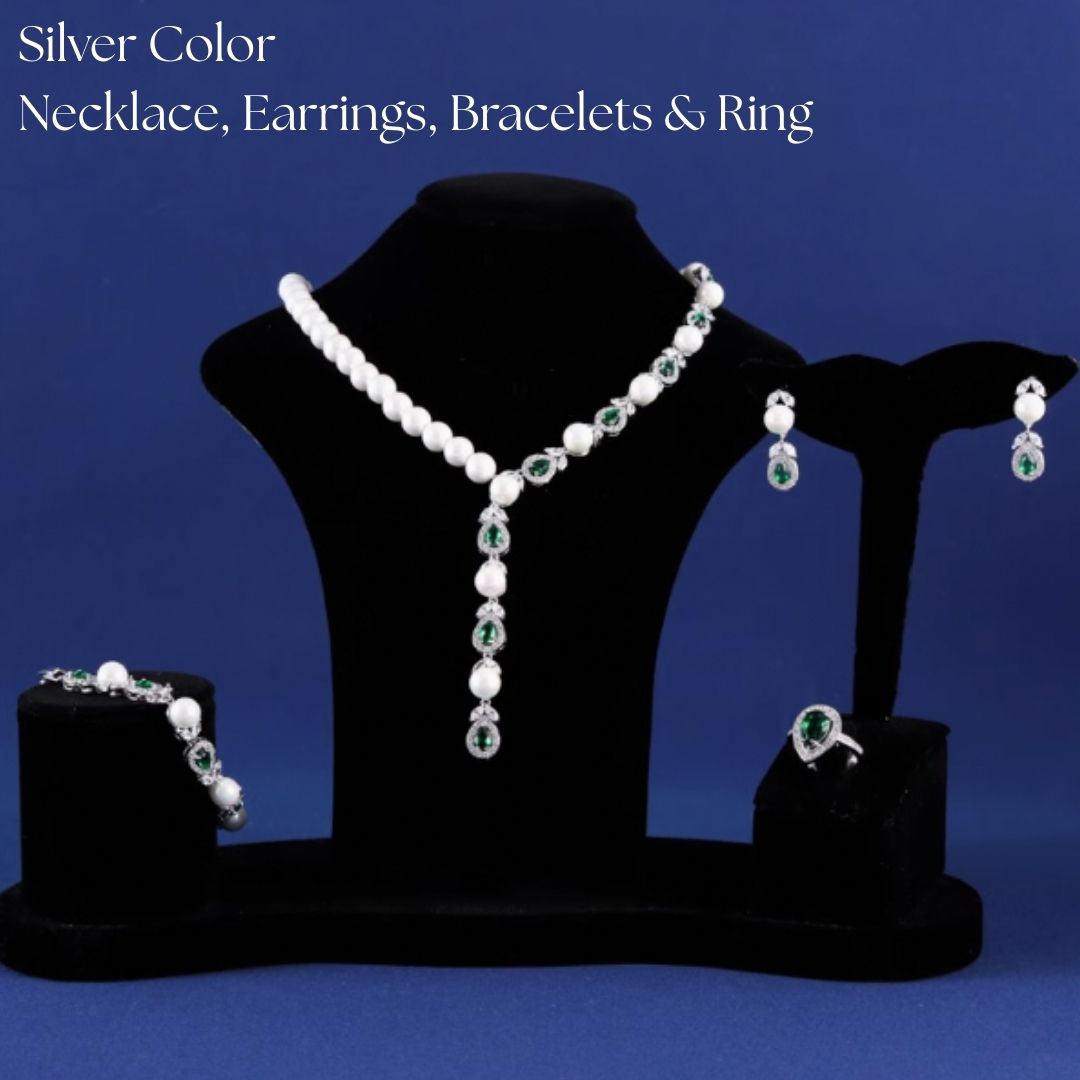 Luxeora Luxury Jewelry Set - Elegant Pearl Studded Zircon Bracelet Necklace Earrings & Ring Set