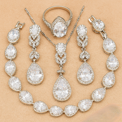 Aqua Radiance Zircon Set - 925 Sterling Silver Water-Drop Zircon Jewelry Set for Women: Blue & White Bracelet, Earrings, Necklace, Pendant & Ring