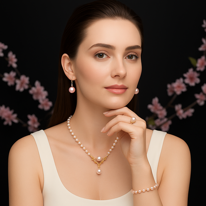 Hathor's Radiance -  Truly Charm Elegant Radiance Cultured Pearl Necklace - Bracelet - Earrings - Ring 4pcs Jewelry Set