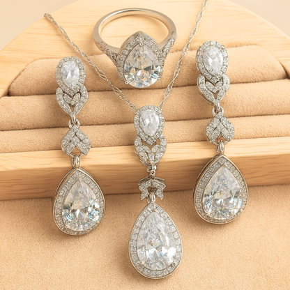 Aqua Radiance Zircon Set - 925 Sterling Silver Water-Drop Zircon Jewelry Set for Women: Blue & White Bracelet, Earrings, Necklace, Pendant & Ring