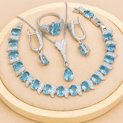 Eternal Harmony - Celestial Duo-Tone 925 Silver Crystal Bridal Set – Bracelet, Pendant Necklace, Ring & Long Earrings