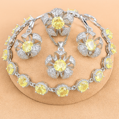 Floral Cage Radiance - Sterling Silver Zircon Bridal Jewelry Set – Necklace, Earrings, Pendant, Ring & Bracelet