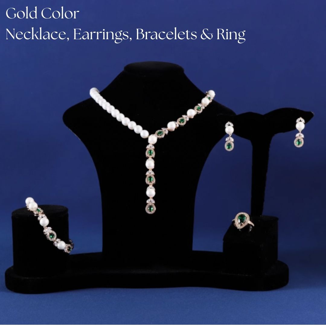Luxeora Luxury Jewelry Set - Elegant Pearl Studded Zircon Bracelet Necklace Earrings & Ring Set