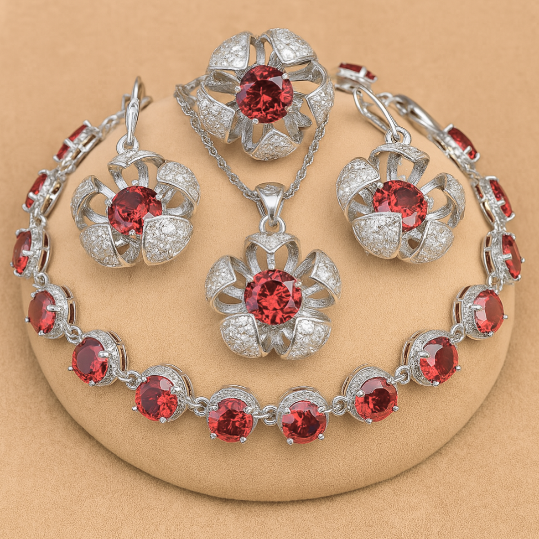 Floral Cage Radiance - Sterling Silver Zircon Bridal Jewelry Set – Necklace, Earrings, Pendant, Ring & Bracelet