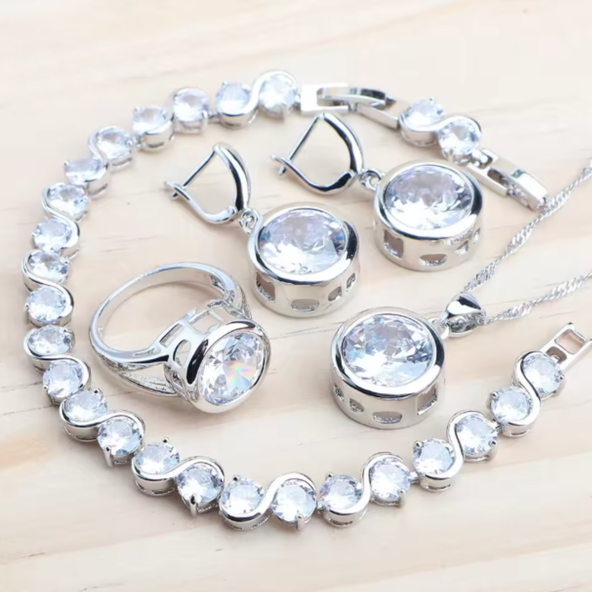 CelestiaZir | Sterling Silver Rainbow Zircon Earrings Ring Bracelets Pendant Bridal Set