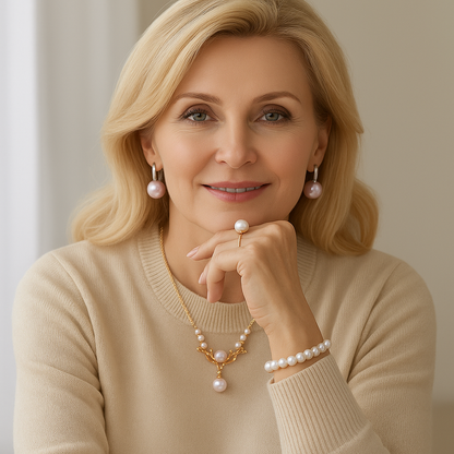 Hathor's Radiance -  Truly Charm Elegant Radiance Cultured Pearl Necklace - Bracelet - Earrings - Ring 4pcs Jewelry Set